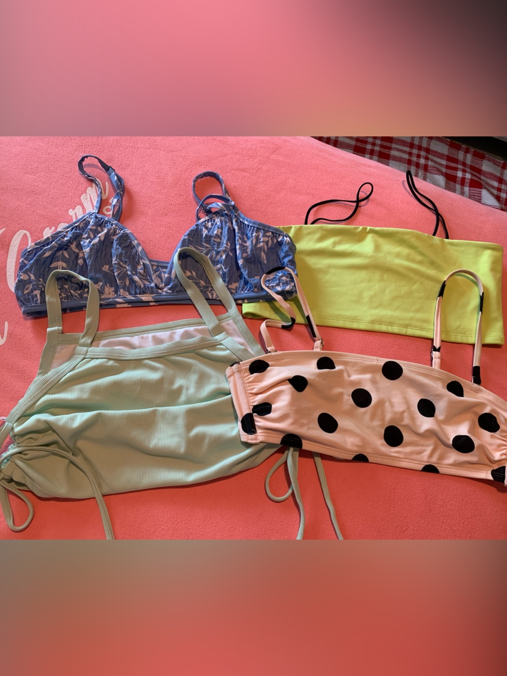 Mixed Bikini Tops Bundle - Mint, Blue Floral, Polka Dot Pink & Neon Lime Size L